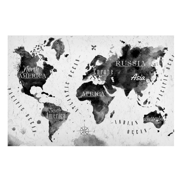 Quadri moderni bianco e nero Mappa del mondo Acquerello Nero