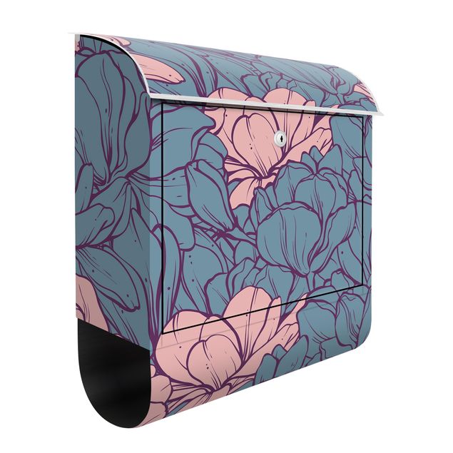 Cassette della posta rosa Mare di fiori di magnolia rosa antico e petrolio