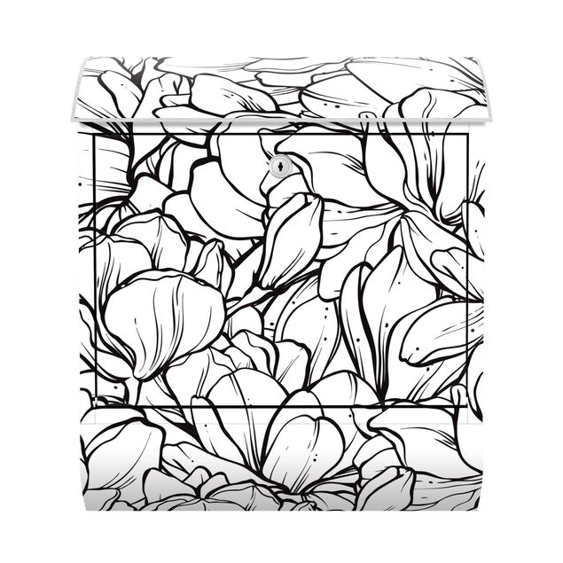 Cassette della posta nere Mare di fiori di magnolia in bianco e nero