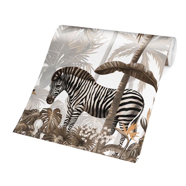 Carta da parati zebra Maestoso mondo animale nella giungla in seppia
