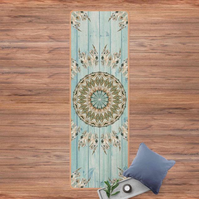 tappeto moderno Mandala acquerello piume blu verde tavole di legno