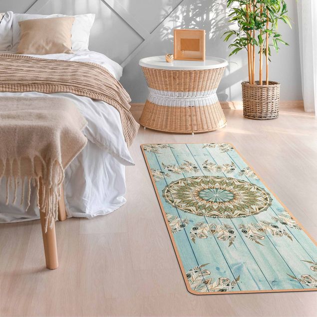 tappeti mandala Mandala acquerello piume blu verde tavole di legno