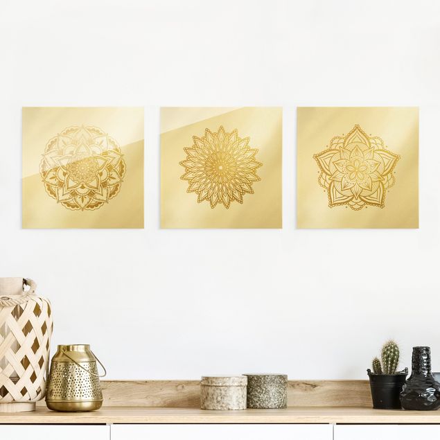 Quadri in vetro spirituali Mandala - Fiore Sole Illustrazione - Set Oro