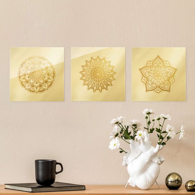 Quadro moderno Mandala - Fiore Sole Illustrazione - Set Oro