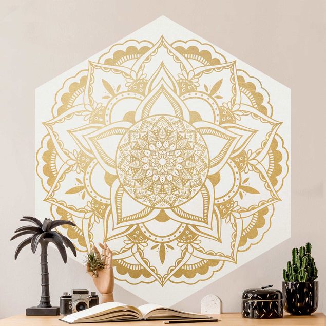 Carte da parati adesive Mandala Fiore Oro Bianco