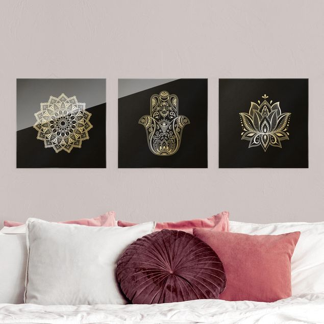 Quadri moderni per arredamento Mandala Hamsa mano Lotus Set su nero