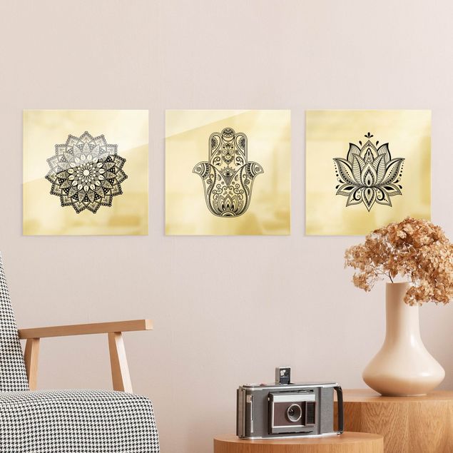 Quadro moderno Mandala Hamsa mano Lotus Set su bianco