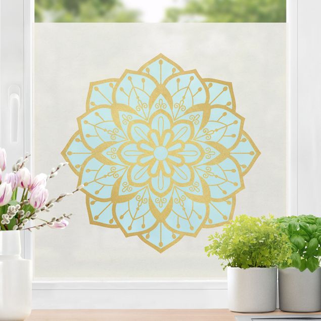 Pellicola adesiva per vetri Illustrazione di mandala con fiore celeste e oro