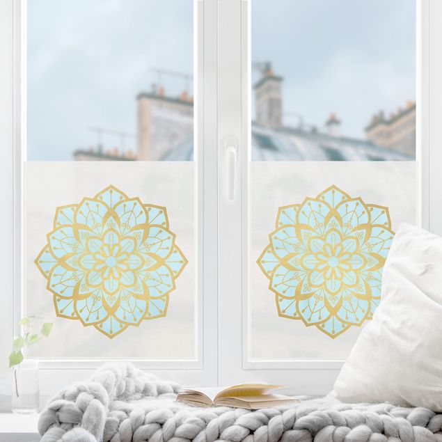 Pellicola per vetri colorata Illustrazione di mandala con fiore celeste e oro