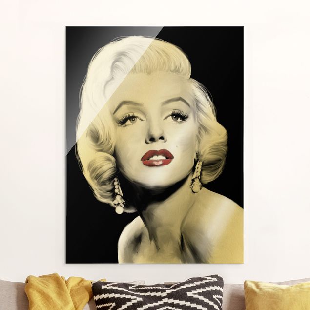 Quadri in vetro in bianco e nero Marilyn con gli orecchini