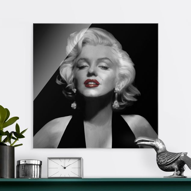 Quadri in vetro in bianco e nero Marilyn con le labbra rosse