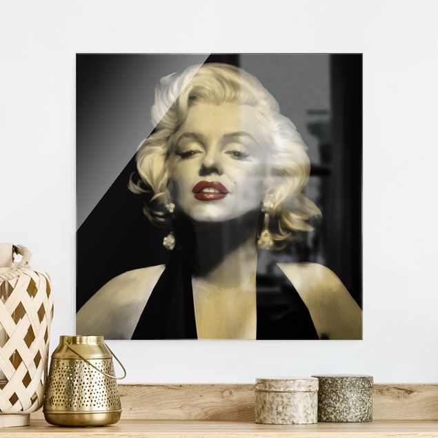 Quadri in vetro in bianco e nero Marilyn con le labbra rosse