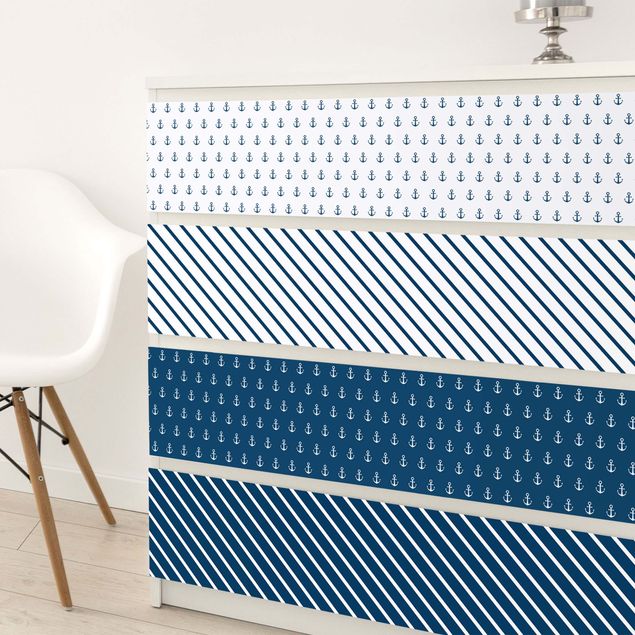 Pellicole adesive per mobili con disegni Set di righe e ancore marittime - bianco polare blu di prussia
