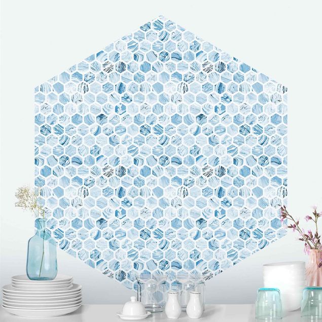 Carta da parati geometrica Esagoni di marmo con sfumature blu