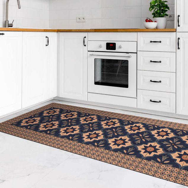 tappeto design moderno Piastrelle marocchine acquerello blu con cornice di piastrelle