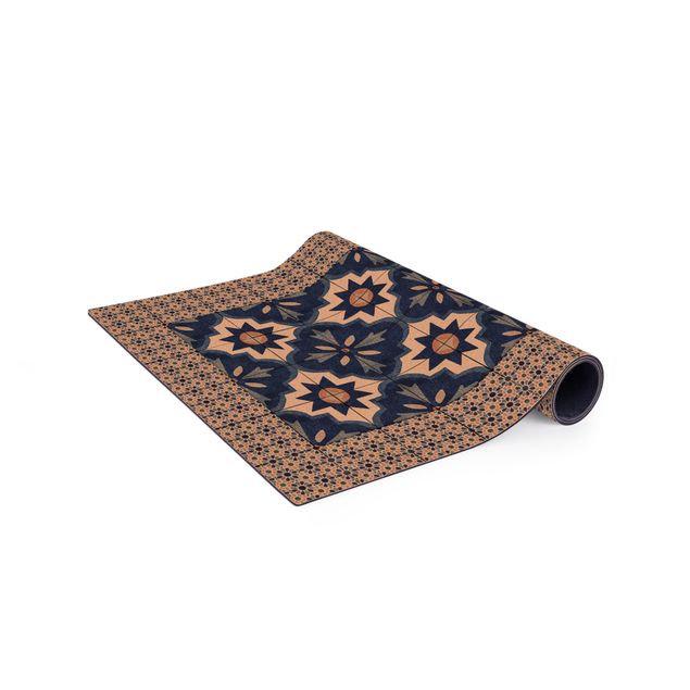 tappeto sala da pranzo Piastrelle marocchine acquerello blu con cornice di piastrelle