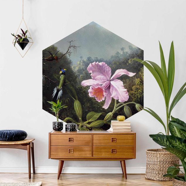Stile artistico Martin Johnson Heade - Natura morta con un'orchidea e una coppia di colibrì