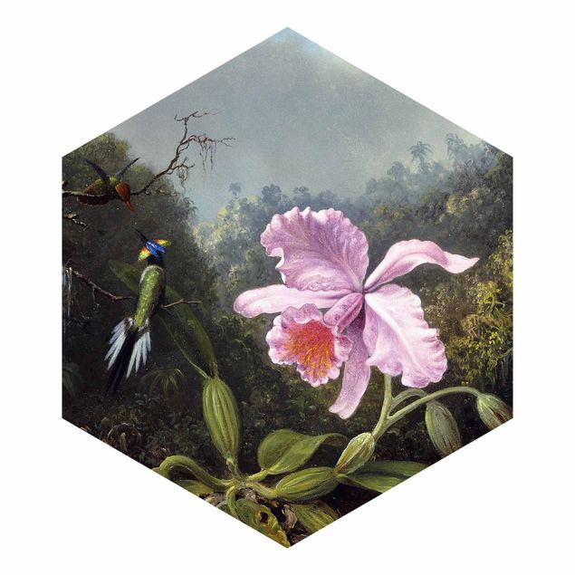 Carta da parati moderne Martin Johnson Heade - Natura morta con un'orchidea e una coppia di colibrì