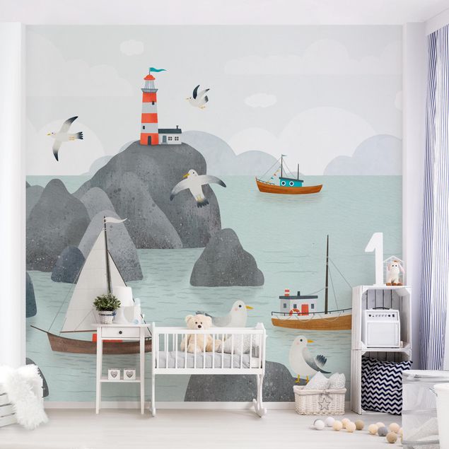 Decorazioni camera bambini Mare con rocce, barche e gabbiani