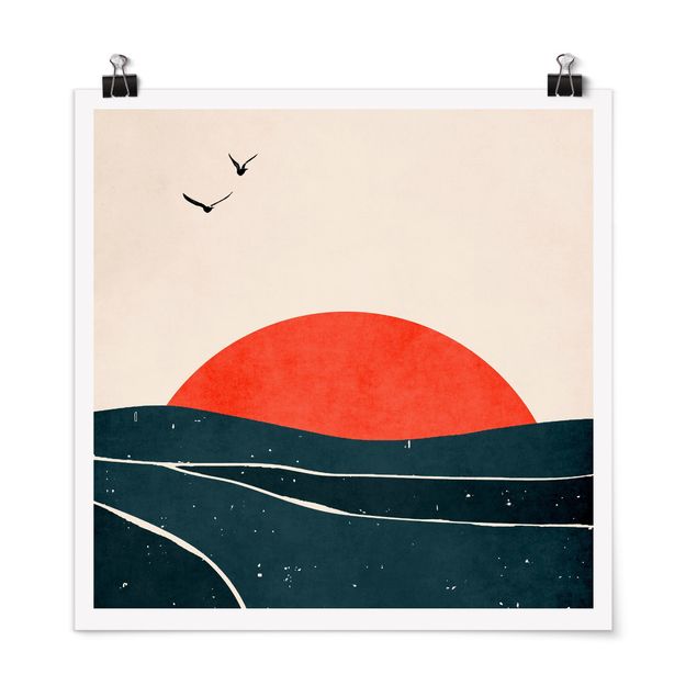 Poster con spiaggia Oceano di fronte al sole rosso