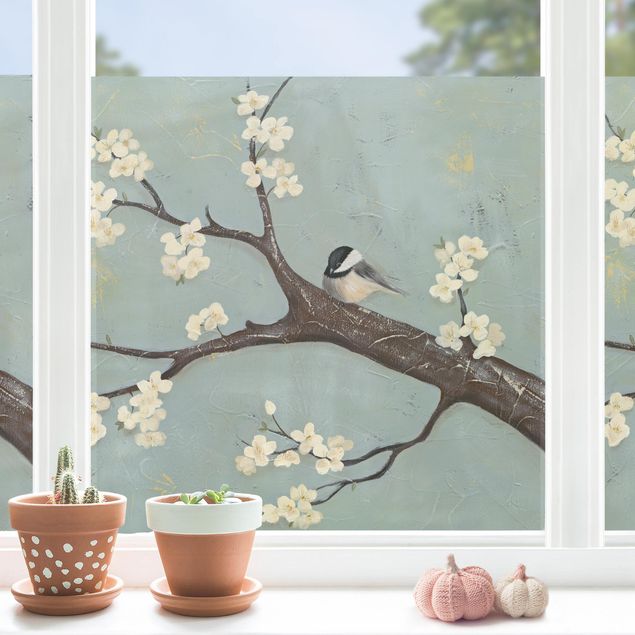 Adesivi floreali per vetri Cinciallegra su ciliegio
