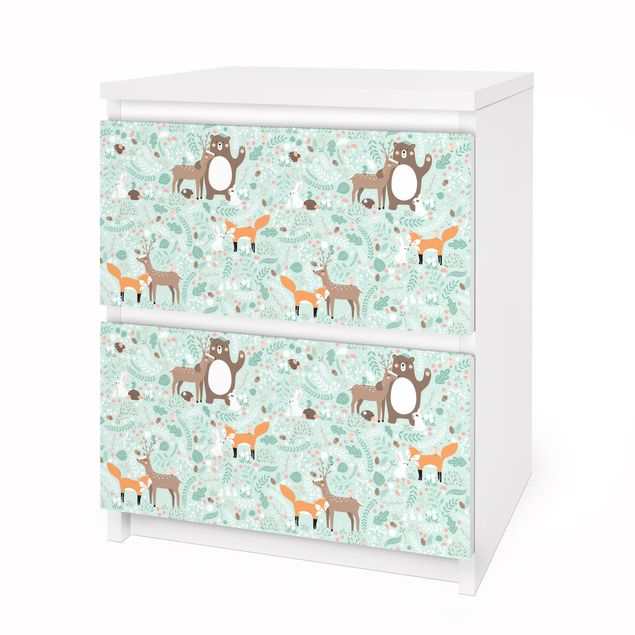 Pellicole adesive per mobili cassettiera Malm IKEA Motivo per bambini - Amici della foresta con animali della foresta