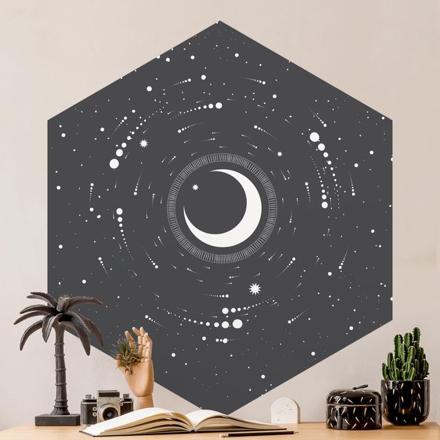 Carte da parati cielo Luna in cerchio di stelle