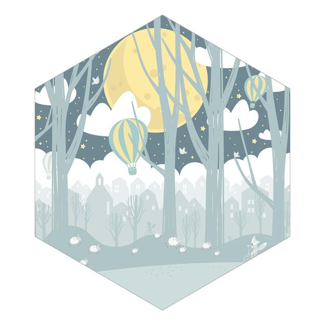 Fotomurale esagonale autoadesivo Luna con alberi e case