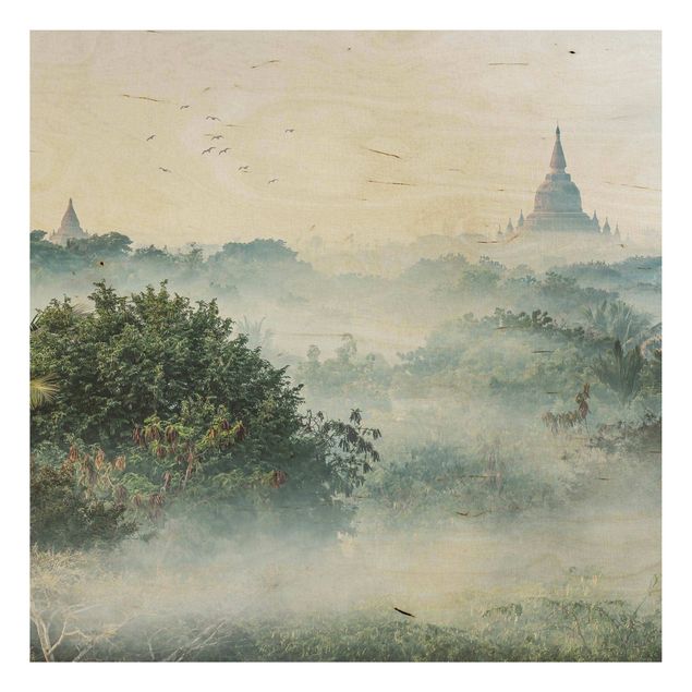 Quadri in legno con paesaggio Nebbia mattutina sulla giungla di Bagan
