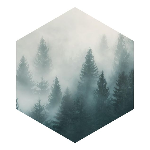 Carta parati beige Foresta di conifere nella nebbia