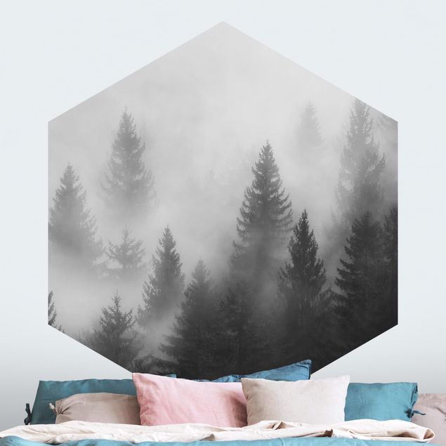 Carte da parati foresta Foresta di conifere nella nebbia Bianco e nero