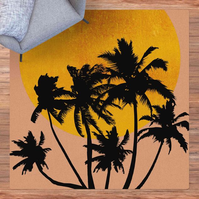tappeto design moderno Palme di fronte al sole dorato
