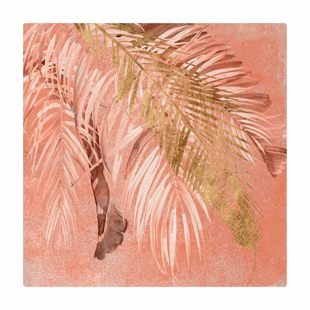 Tappetino di sughero - Foglie di palma rosa e oro II - Quadrato 1:1