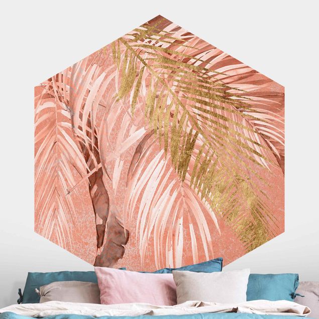 Carte da parati adesive Fronde di palma in rosa e oro II