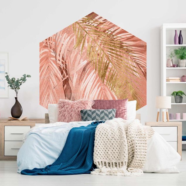 Fotomurale esagonale Fronde di palma in rosa e oro II
