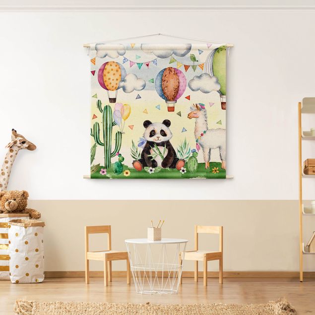 arazzo da parete moderno Panda e lama in acquerello