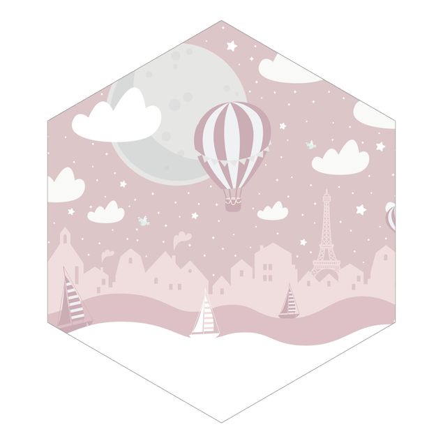 Carta da parati esagonale Parigi con stelle e la mongolfiera in rosa