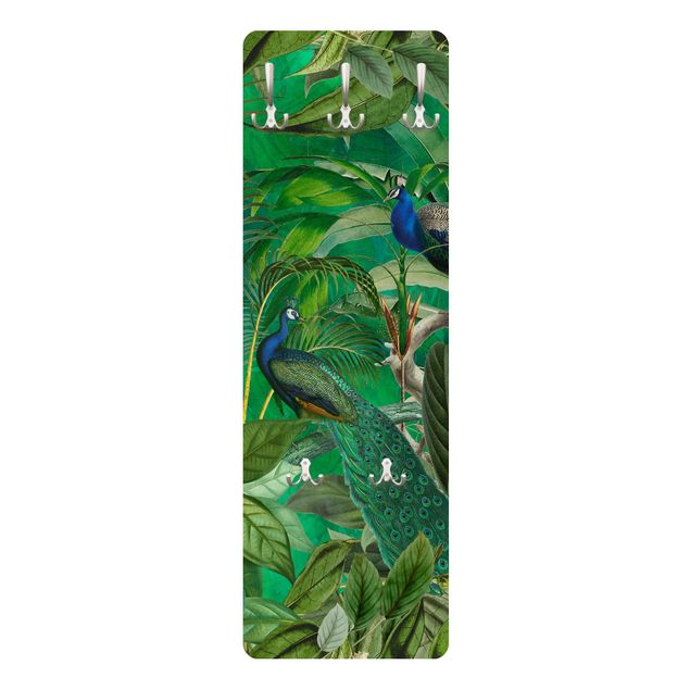 Appendiabiti pannello verde Pavoni nella giungla