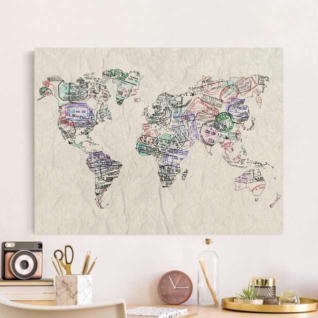 Quadro planisfero Timbro per passaporto mappa del mondo