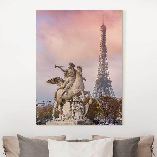 Quadro Parigi Statua di cavaliere di fronte alla Torre Eiffel