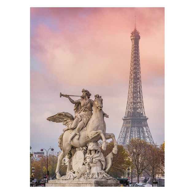 Stampa su tela città Statua di cavaliere di fronte alla Torre Eiffel