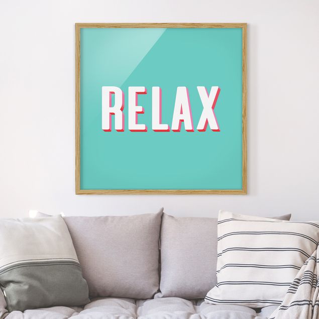 Quadri con cornice con frasi Relax - Tipografia su sfondo blu