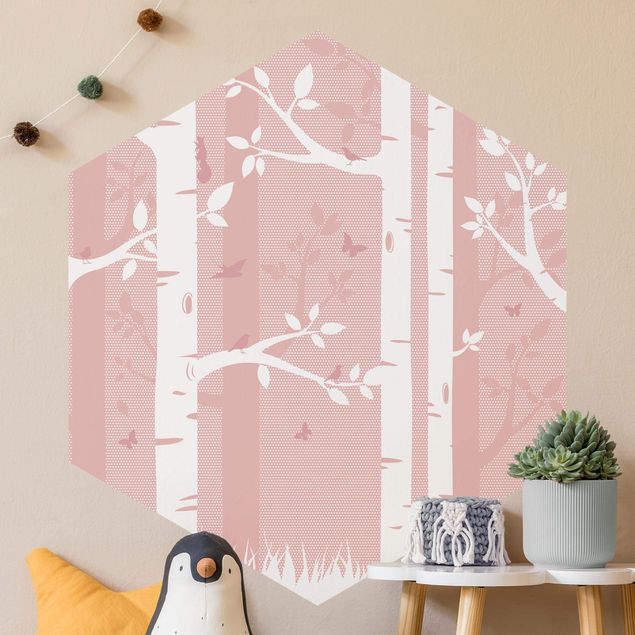 Decorazioni cameretta Bosco di betulle rosa con farfalle e uccelli