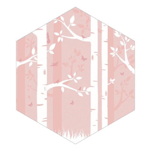 Carte da parati paesaggio Bosco di betulle rosa con farfalle e uccelli
