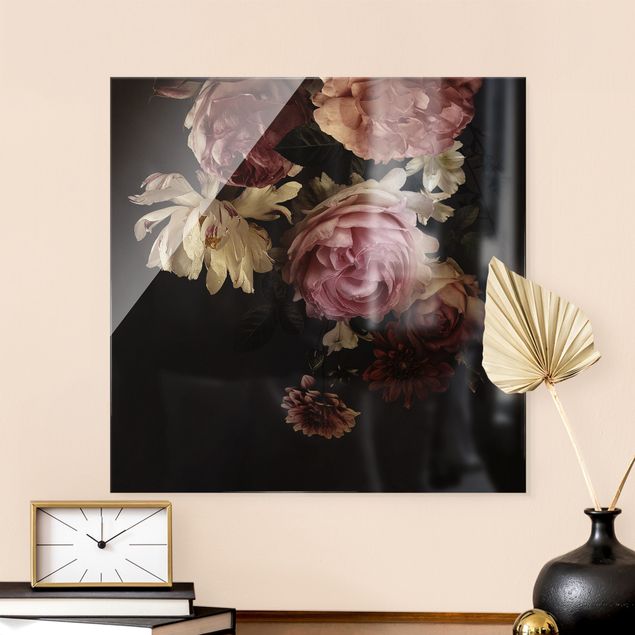 Quadri in vetro con fiori Fiori rosa su nero vintage