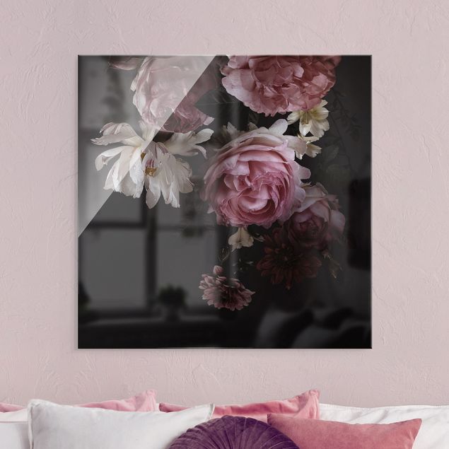 Quadri in vetro con fiori Fiori rosa su nero vintage