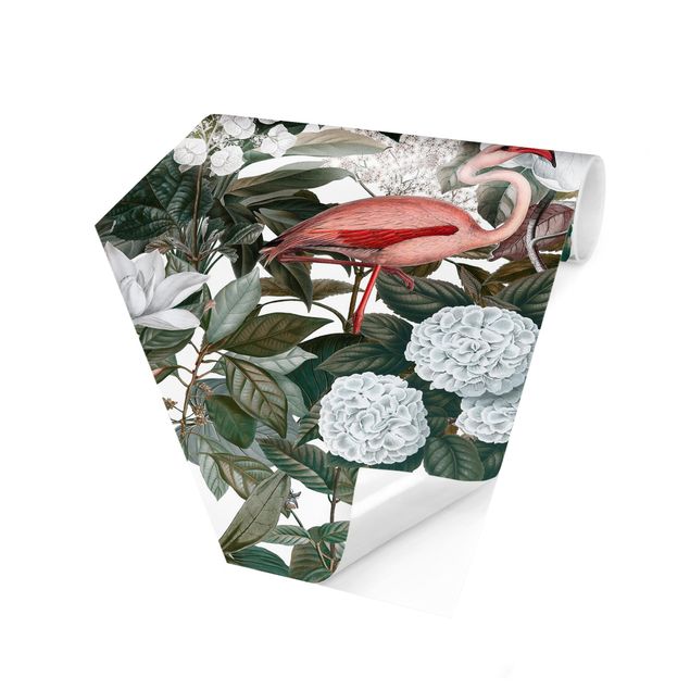 Carte da parati moderne Fenicotteri rosa con foglie e fiori bianchi