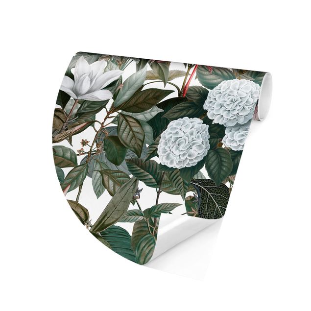 Carta da parati tessuto non tessuto Fenicotteri rosa con foglie e fiori bianchi