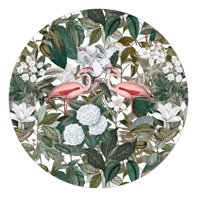 Carta da parati uccelli Fenicotteri rosa con foglie e fiori bianchi