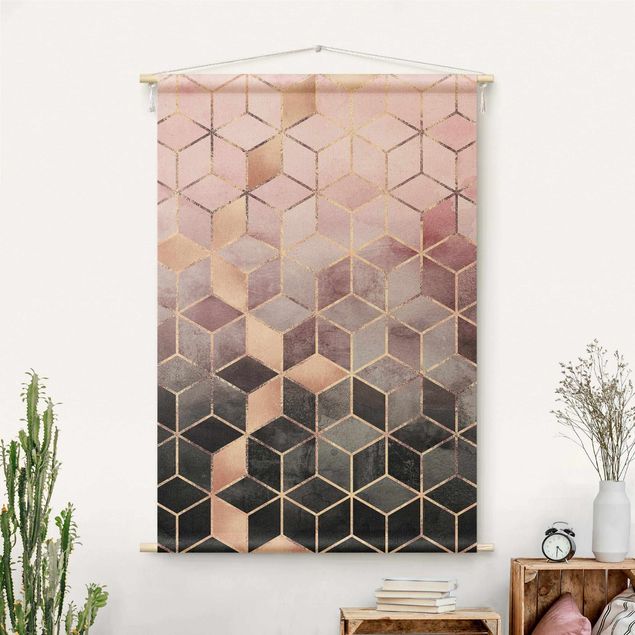 Arazzi da parete moderni Geometria dorata con rosa e grigio